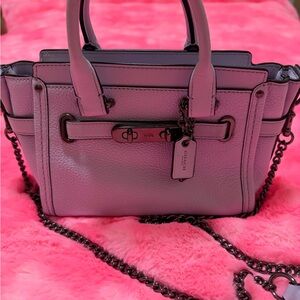 Coach Lilac Pebbled Leather Mini Swagger with Chain Strap Ariana Grande